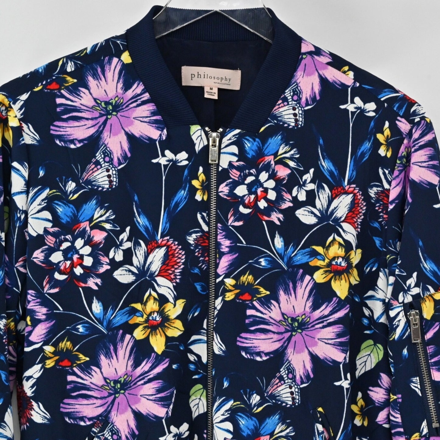 PHILOSOPHY Womens Floral Bomber Jacket Size M Blue Butterfly Full Zip Pockets