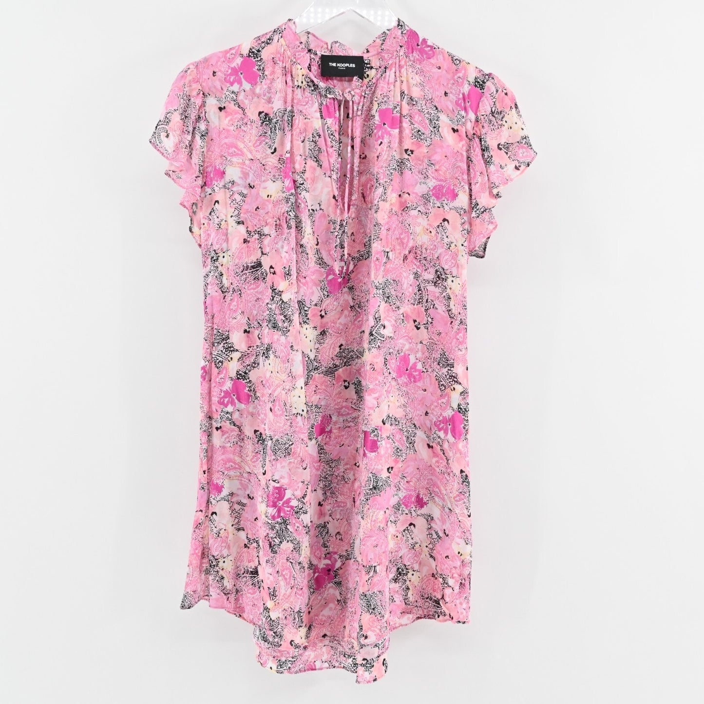 THE KOOPLES Short Pink Dress Size 0 Floral Paisley Print Frilly Sleeve Mini