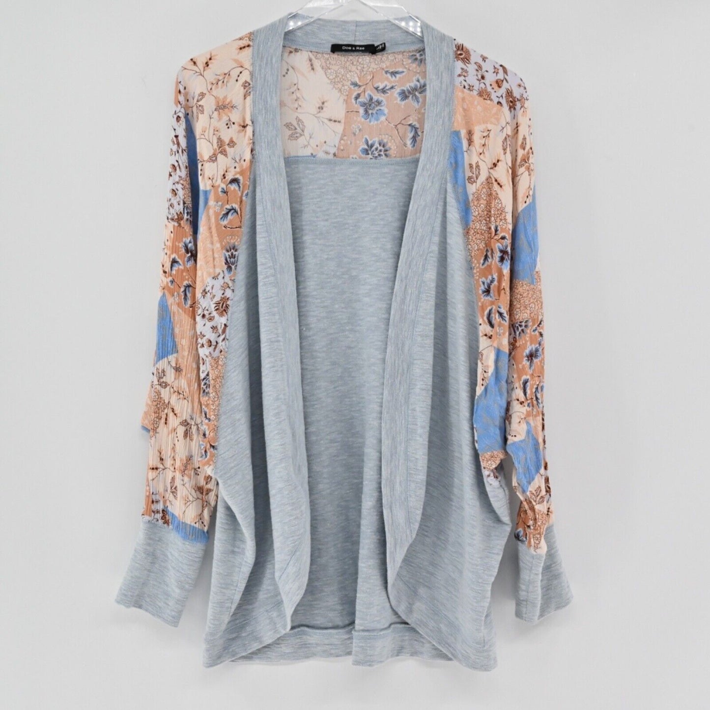 DOE AND RAE Cardigan Womens Sz L Blue Floral Patchwork Dolman Sleeve Open Front