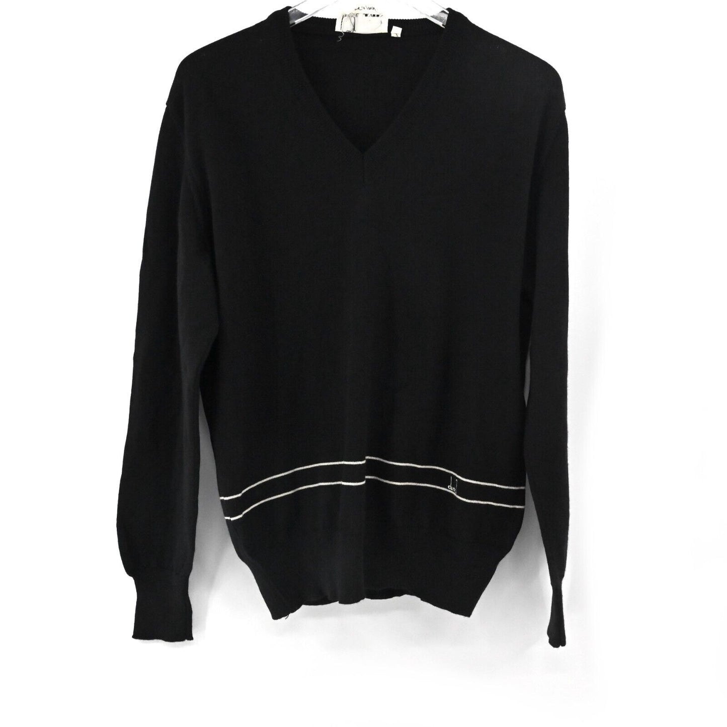 Vtg DUNHILL Sweater Womens Sz L Black White Stripe Logo VNeck Wool Academia 70s