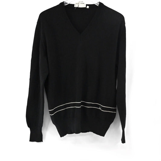 Vtg DUNHILL Sweater Womens Sz L Black White Stripe Logo VNeck Wool Academia 70s