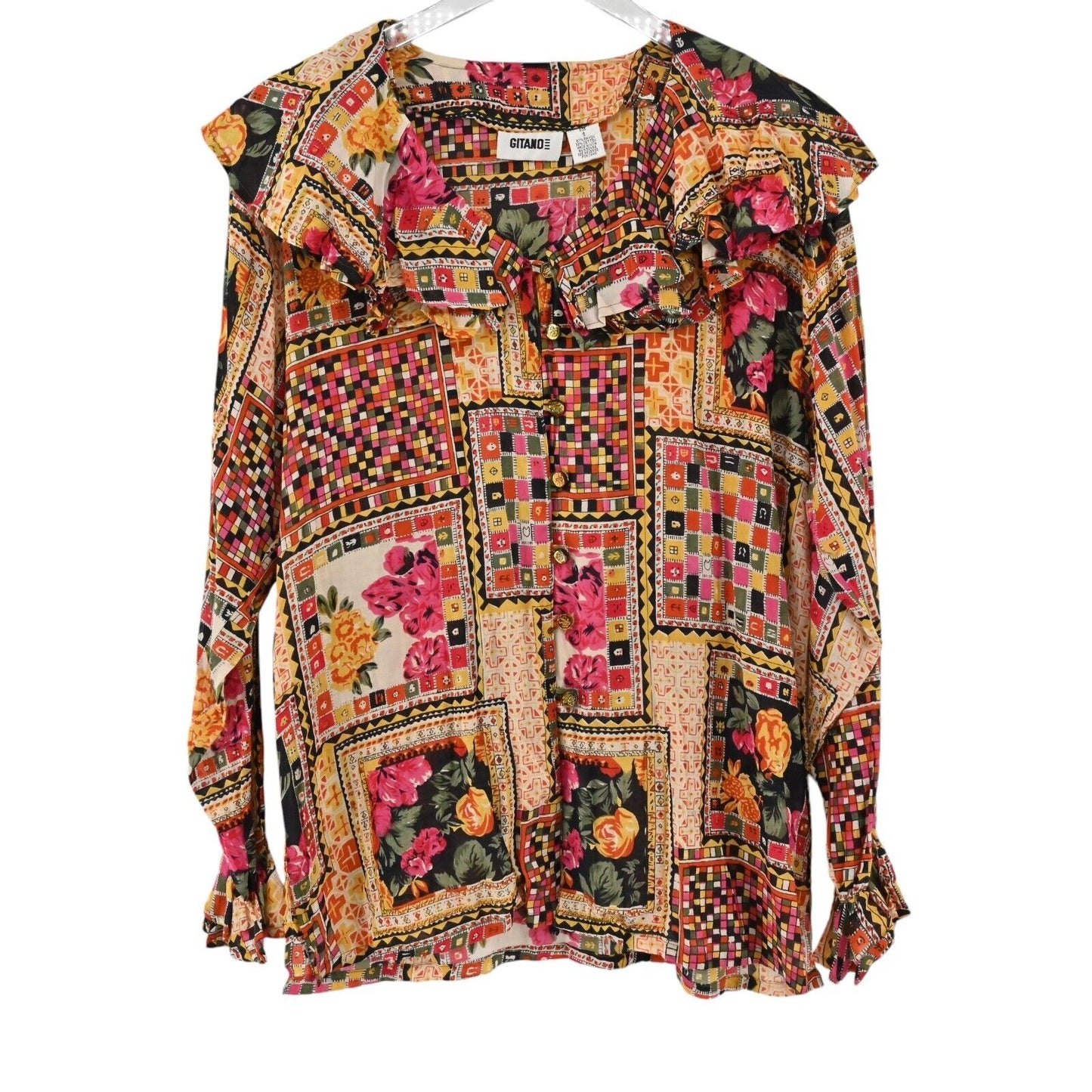 Vtg GITANO Top Womens Size S Patchwork Ruffle Long Sleeve Multicolor Blouse