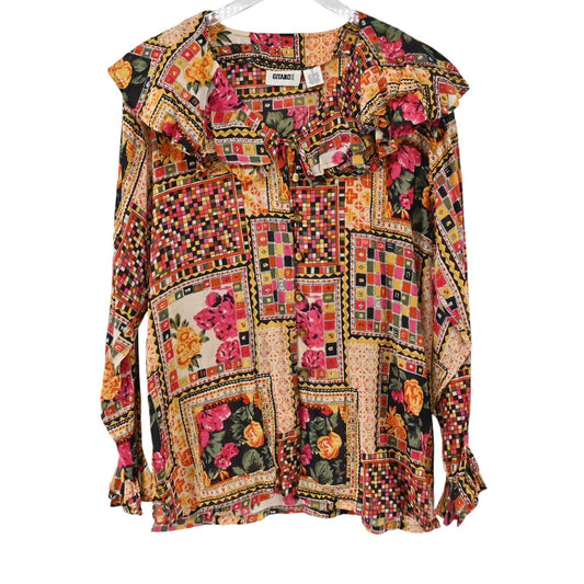 Vtg GITANO Top Womens Size S Patchwork Ruffle Long Sleeve Multicolor Blouse