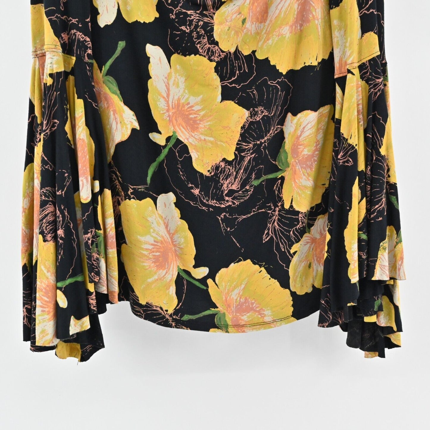 FREE PEOPLE Top Sz L Birds of Paradise Yellow Poppy Off The Shoulder Bell Sleeve