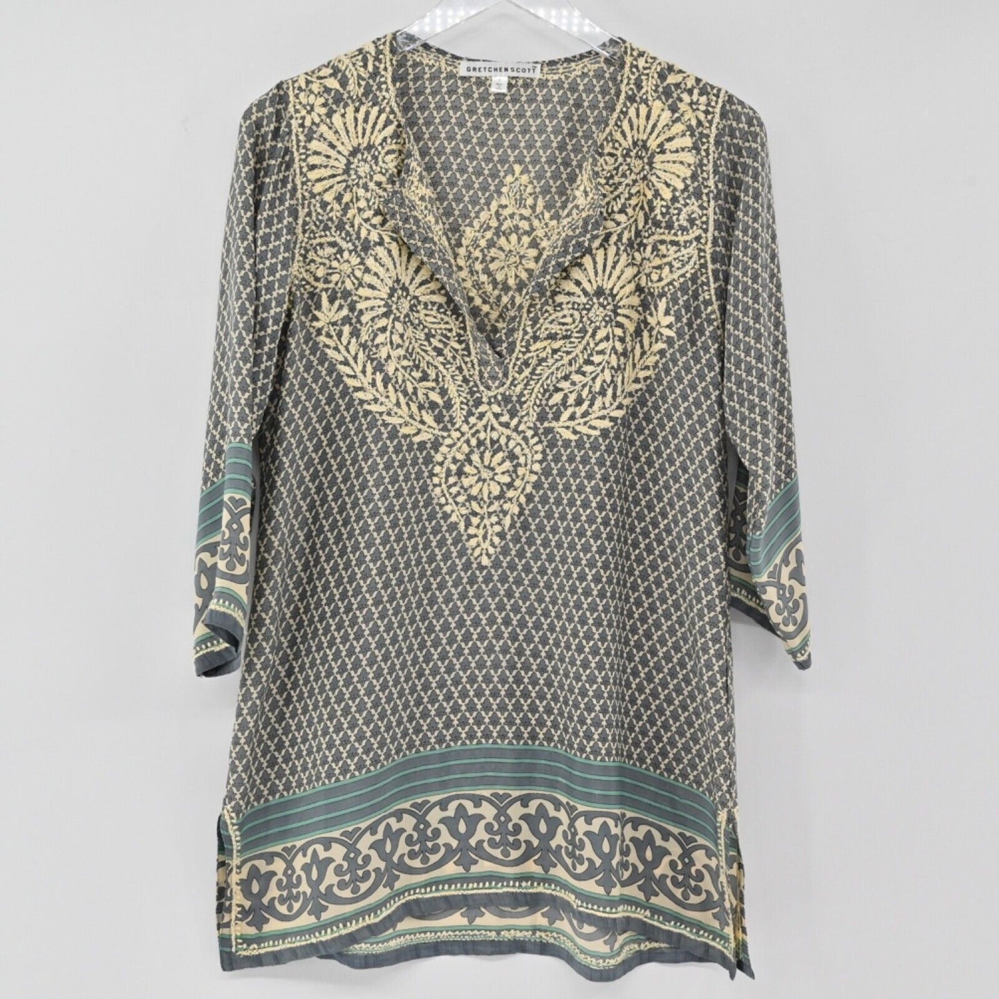 GRETCHEN SCOTT Tunic Top Womens Sz S Blue Silk Embroidered Boho Print 3/4 Sleeve