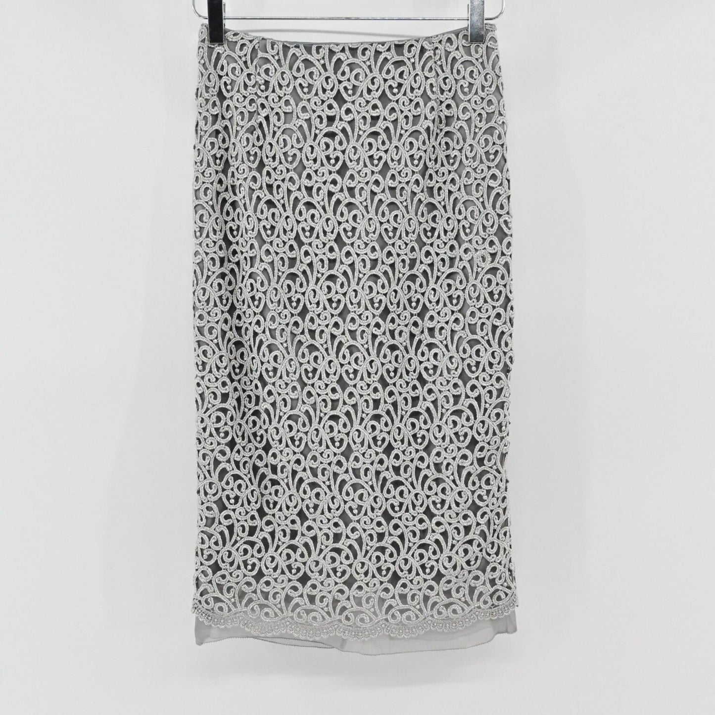 Vtg ANNE KLEIN Lace Pencil Skirt Womens Size 2 Silver Romantic Glamorous Luxe