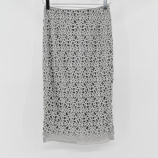 Vtg ANNE KLEIN Lace Pencil Skirt Womens Size 2 Silver Romantic Glamorous Luxe