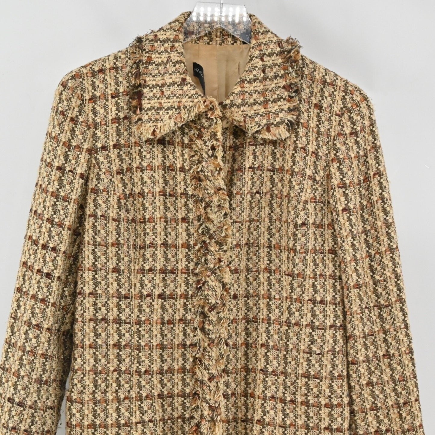 Vtg DANA BUCHMAN Womens Tweed Blazer Size 6 Brown Preppy Plaid Fringe Jacket