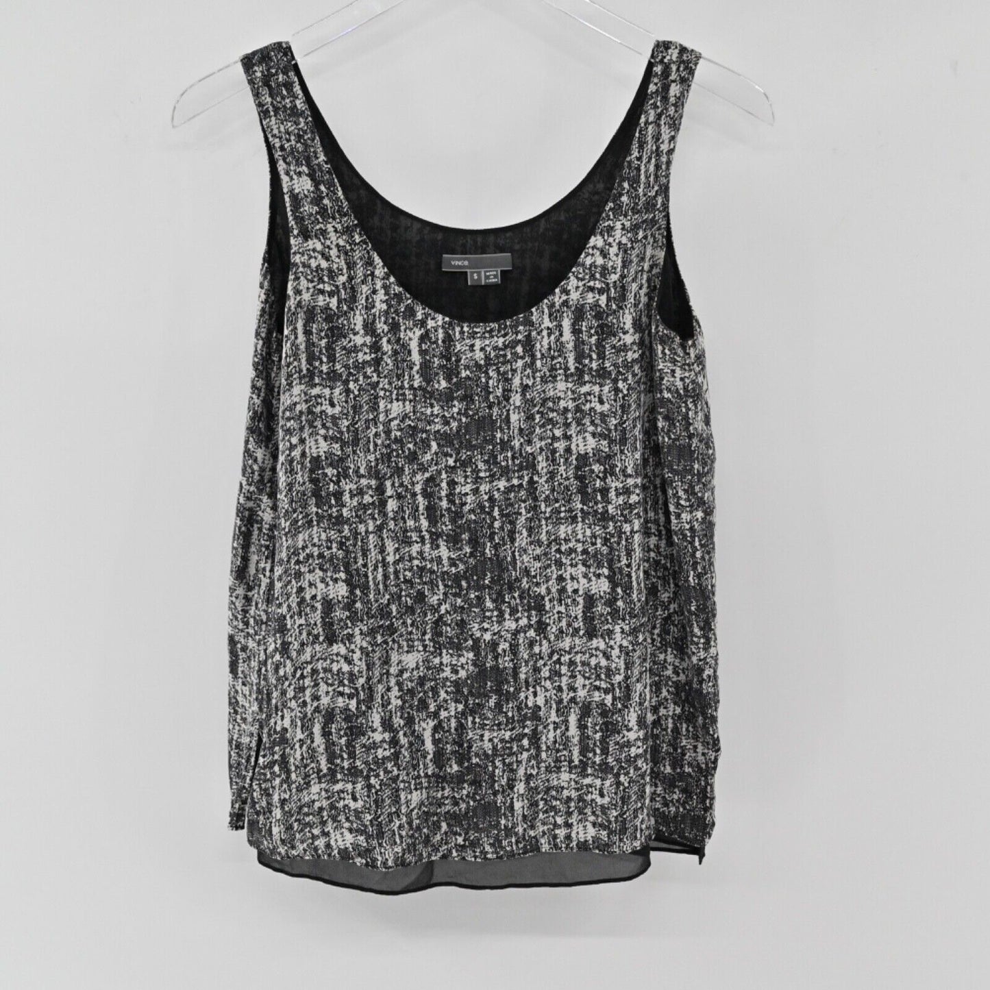 VINCE Top Women Sz S Black White Burnout Print 100% Silk Chiffon Tank Minimalist