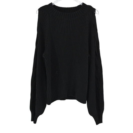 525 AMERICA Sweater Womens Sz XL Black Cotton Chunky Knit Cold Shoulder Braided