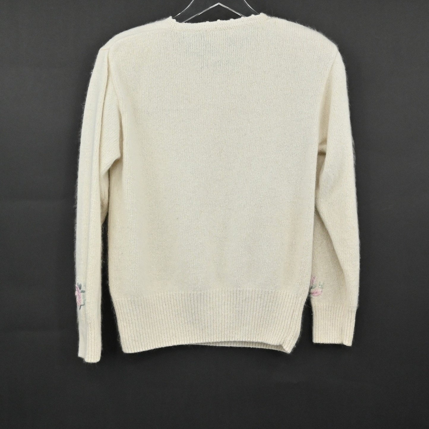 Vtg Granny Core Silk Angora Embroidered Sweater Size L Lambswool Floral Pearl