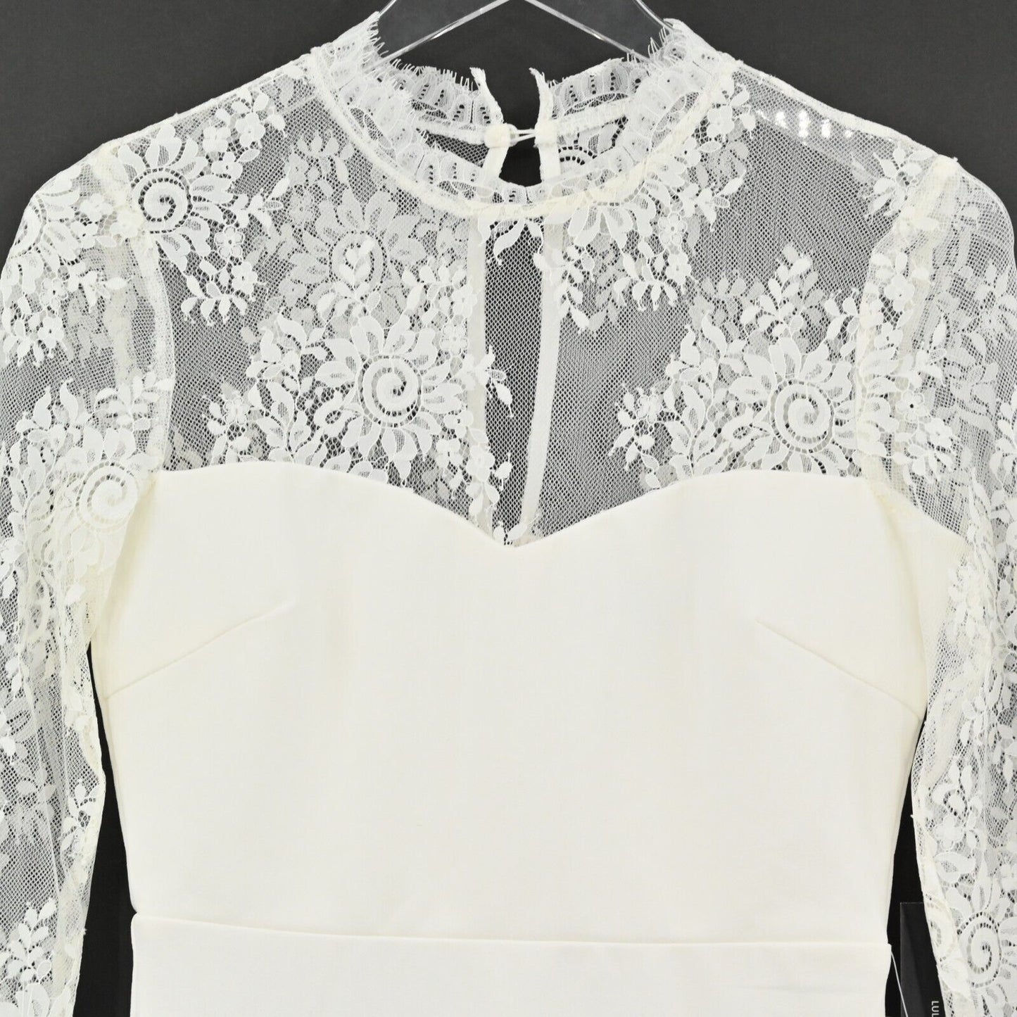 LULUS Dress Womens Size S Ivory Lace Sleeves High Neck Bodycon Bridal Party NEW