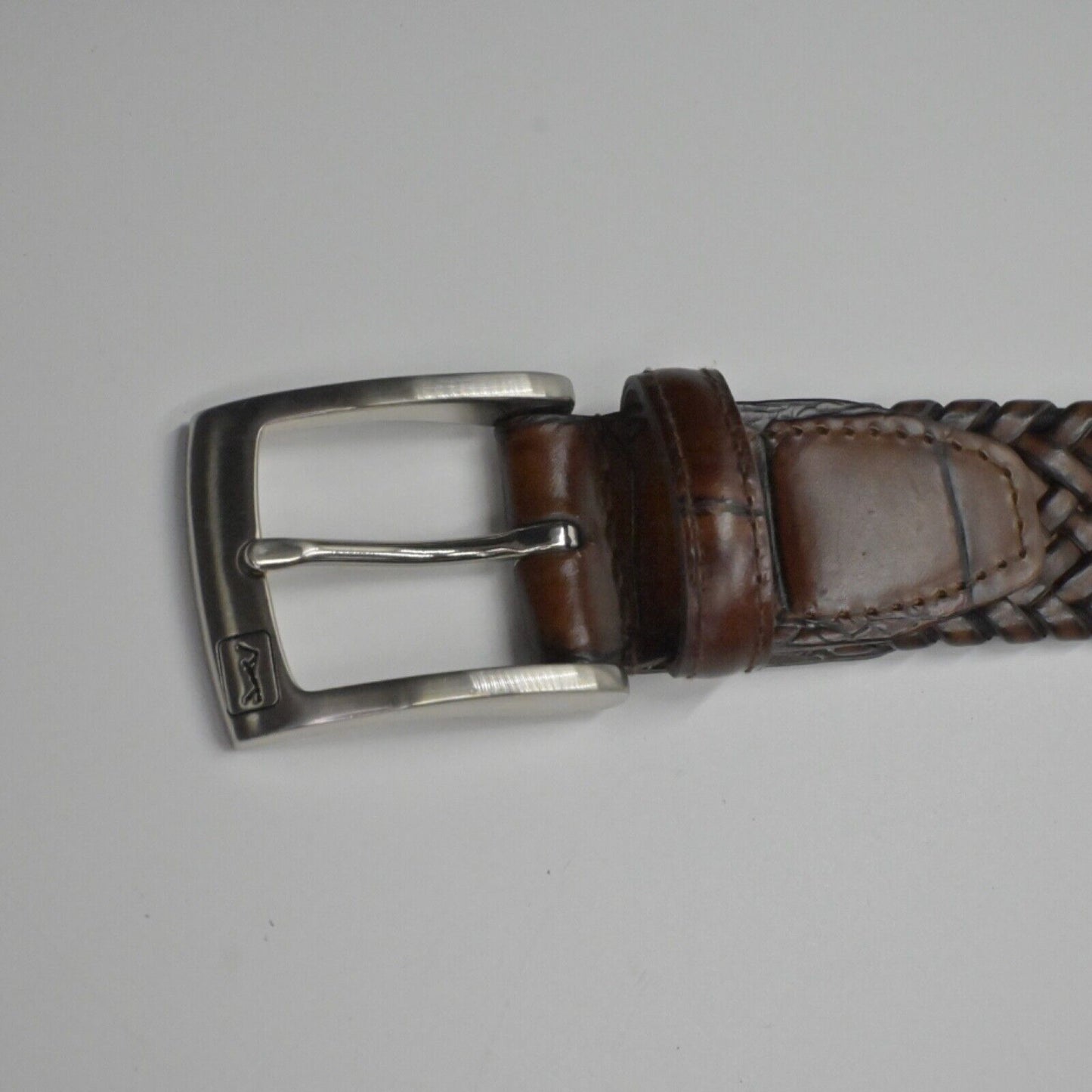 Vtg PGA TOUR Belt Mens Sz 38 Brown Braided Top Grain Leather Silver Logo Buckle