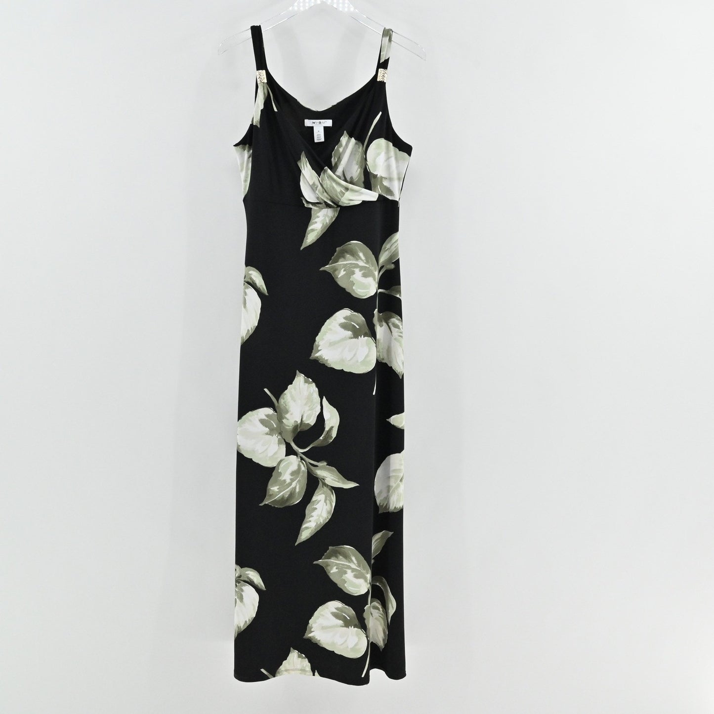 WHBM Maxi Dress Size M Black Green Floral Tropical Cruise Sleeveless Romantic