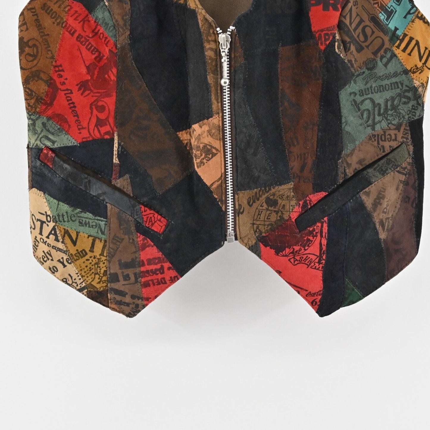 Vtg Leather Vest Womens Sz L Multicolor Patchwork Sleeveless Artsy Festival Boho