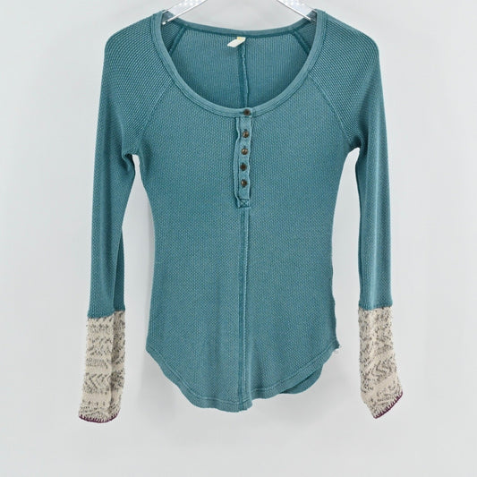 Free People Womens Apline Top Size XS Teal Thermal Waffle Knit Cuff Henley Boho
