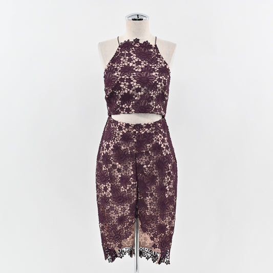 STYLESTALKER Revolve Dress Sz S Plum Rosale Floral Lace Sleeveless Cutout Hi Low