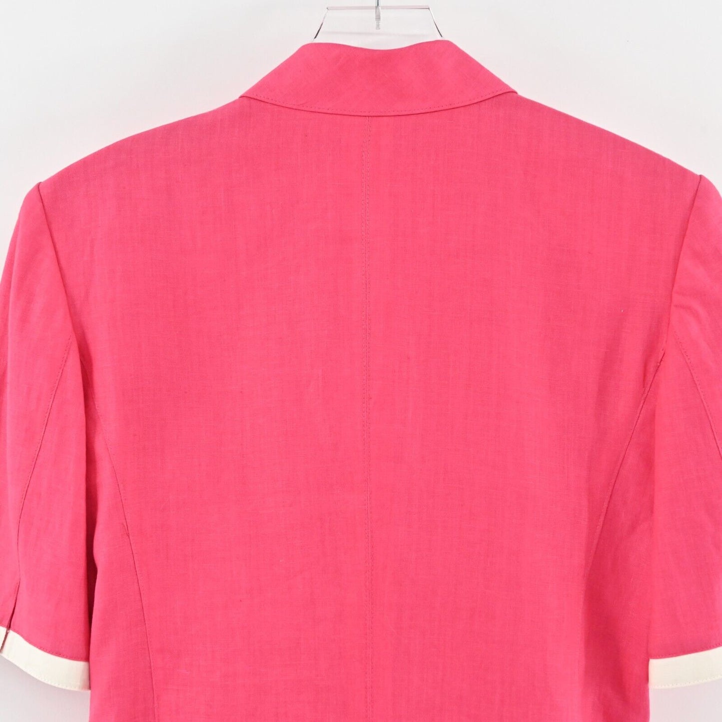 Vtg LOUIS FERAUD Blazer Womens Size 8 Pink White Trim Linen Short Sleeve Jacket