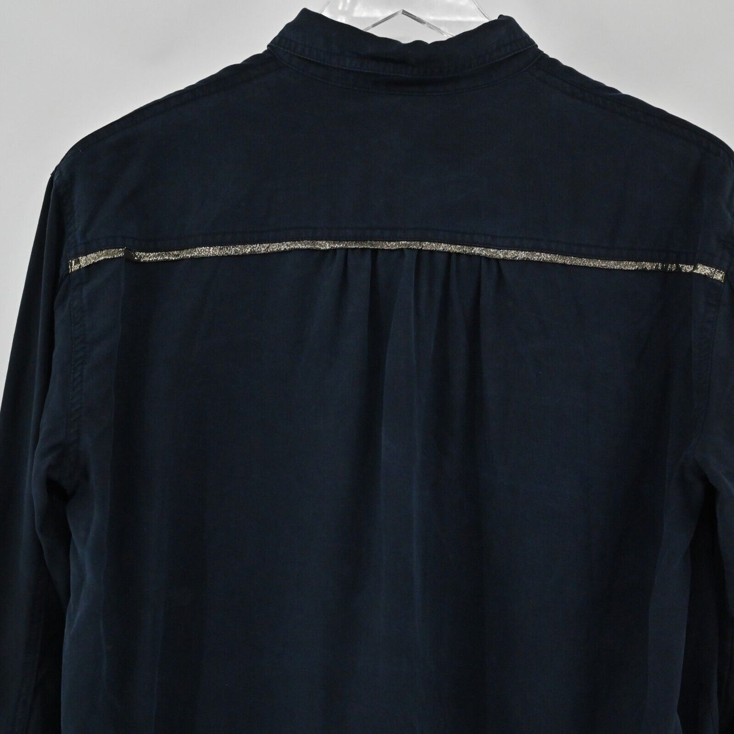FREE PEOPLE Top Womens Sz S Off Campus Metallic Shimmer Navy Button Down Blouse