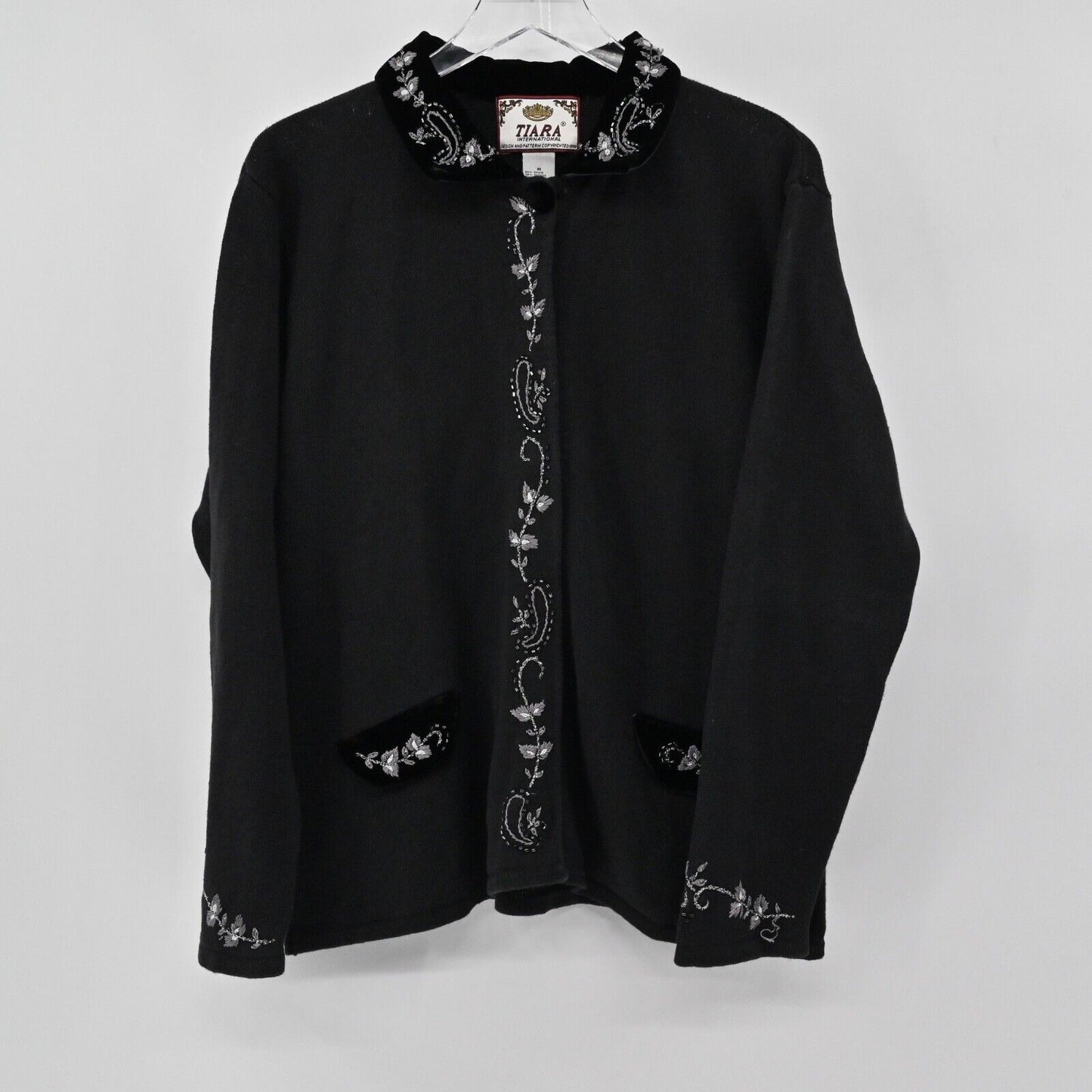 Vtg Beaded Cardigan Women Sz M Black Embroidered Paisley 90s TIARA INTERNATIONAL