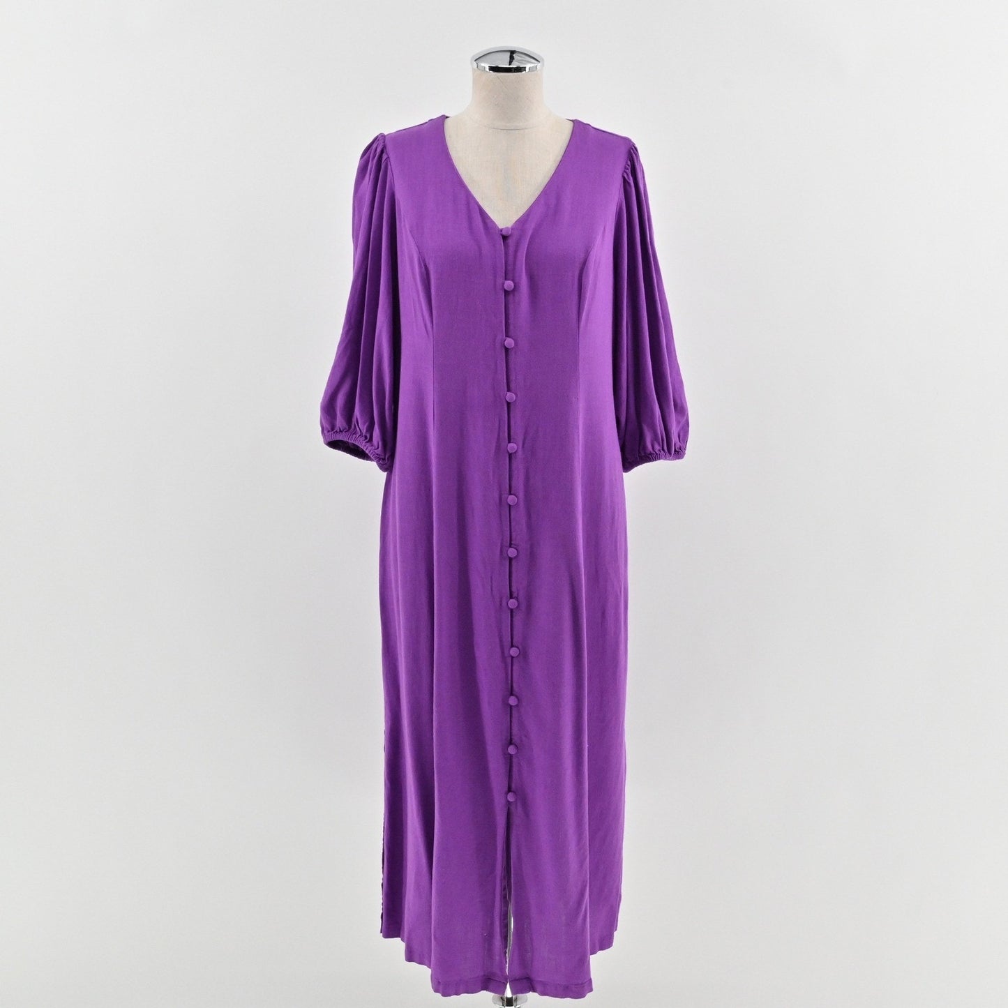 J Jill Linen Midi Dress Size S Purple Puff Sleeve Boho Lagenlook Button Front