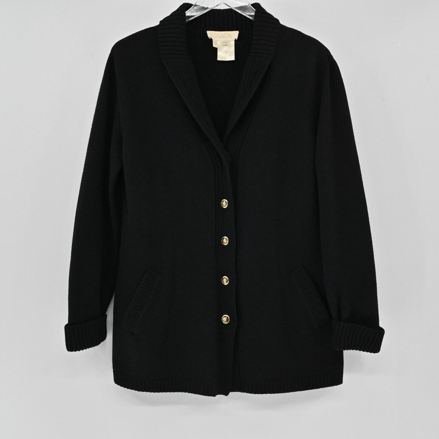 Vtg ESCADA Jacket Womens EUR 40 / M Black Wool Knit Cardigan Gold Button Capsule