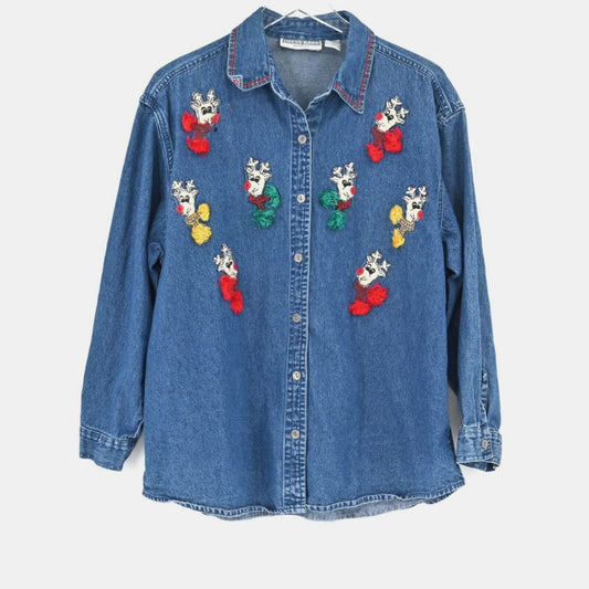Vtg Christmas Denim Top Womens Size 1X Rudolph Holiday Chambray 90s Dress Barn