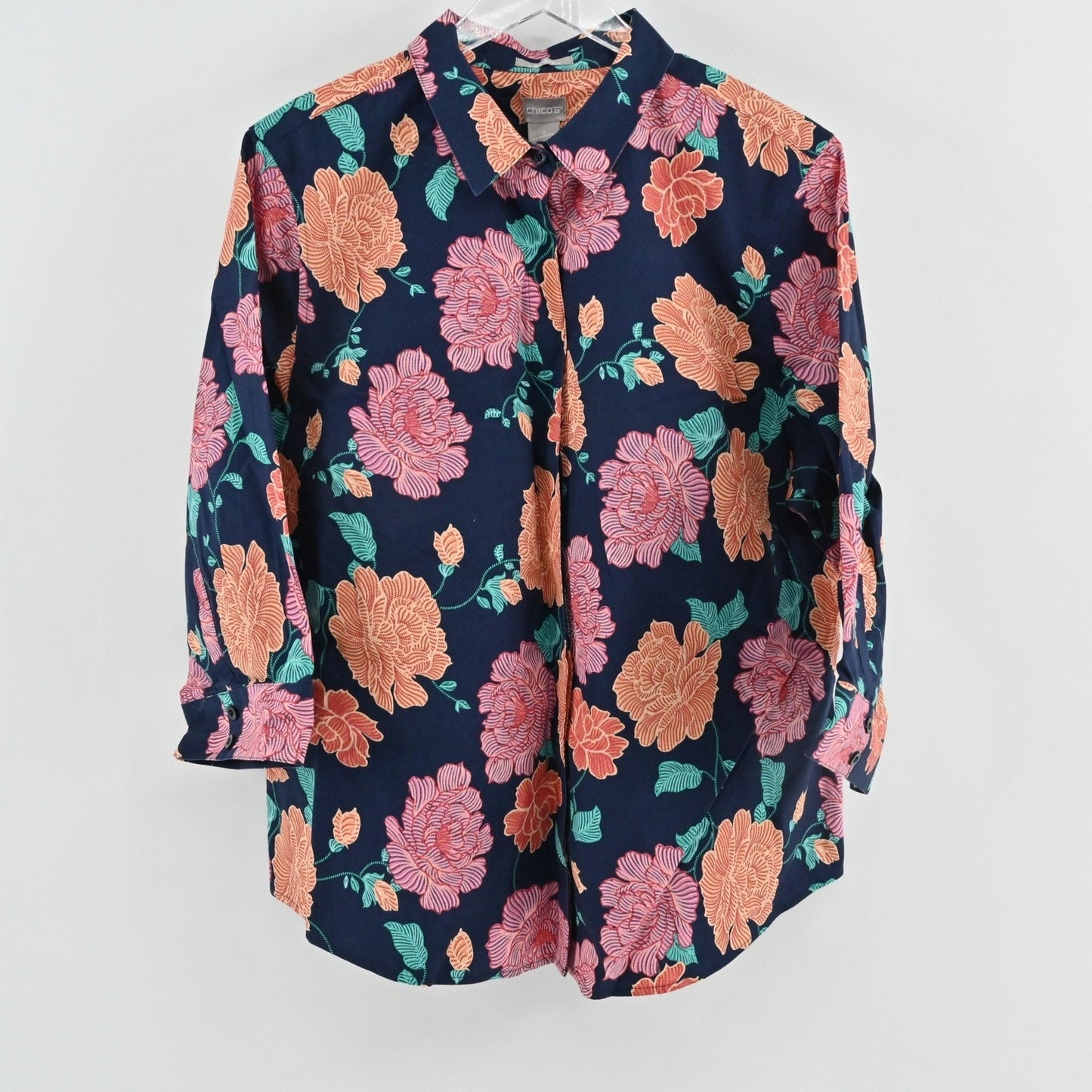 CHICOS Womens Top Size XL Cotton Floral Button Tropical Vibrant Orange Pink