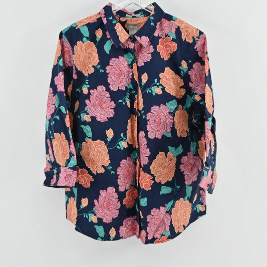 CHICOS Womens Top Size XL Cotton Floral Button Tropical Vibrant Orange Pink