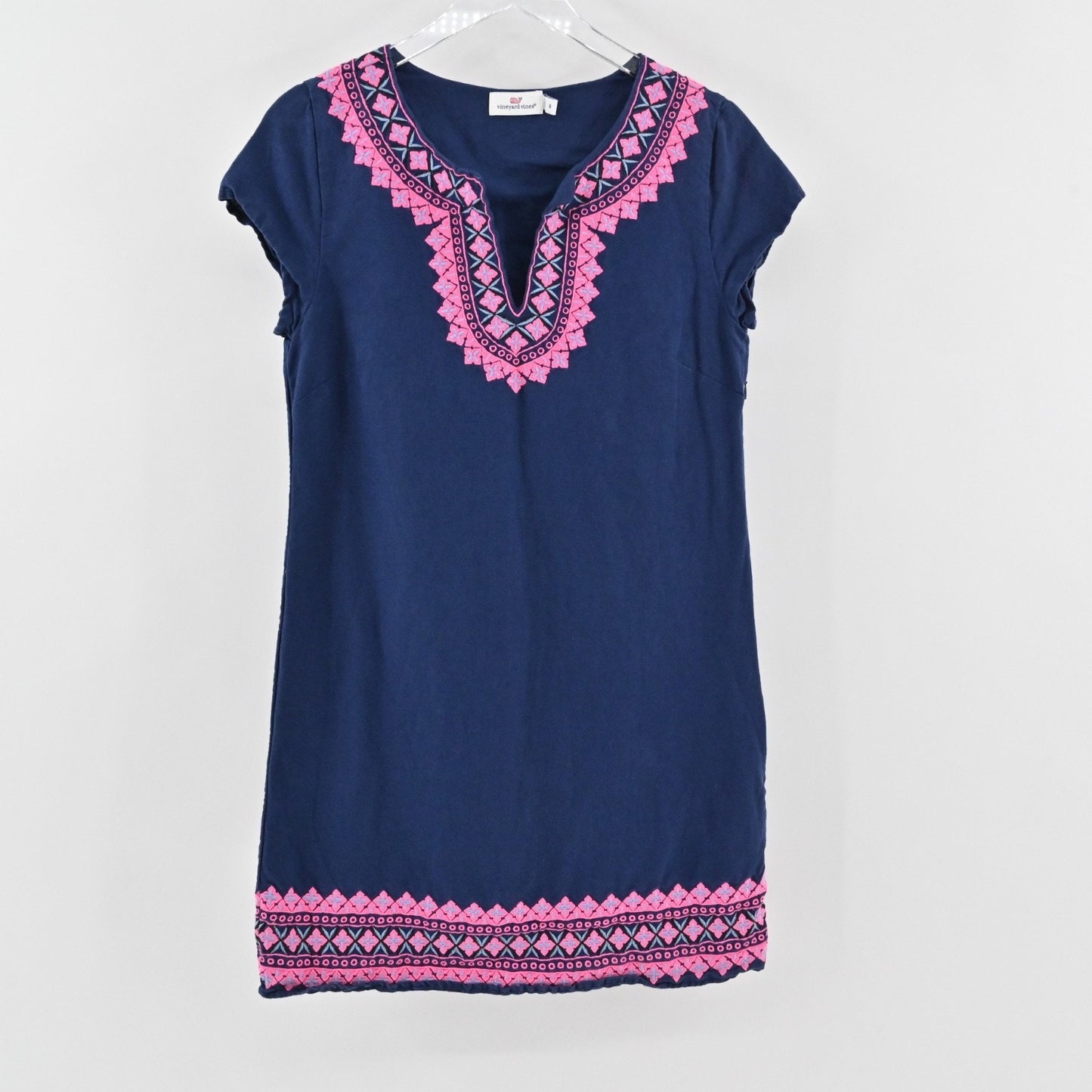 VINEYARD VINES Embroidered Tunic Shift Dress Size 6 Navy Blue Cotton Linen Boho