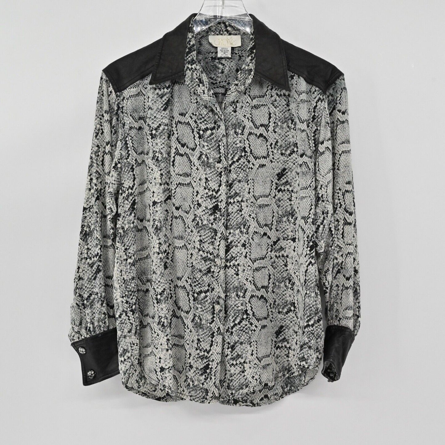 Vtg CACHE Top Womens Sz M Black Snakeskin Print Silk Faux Leather Button Up 90s