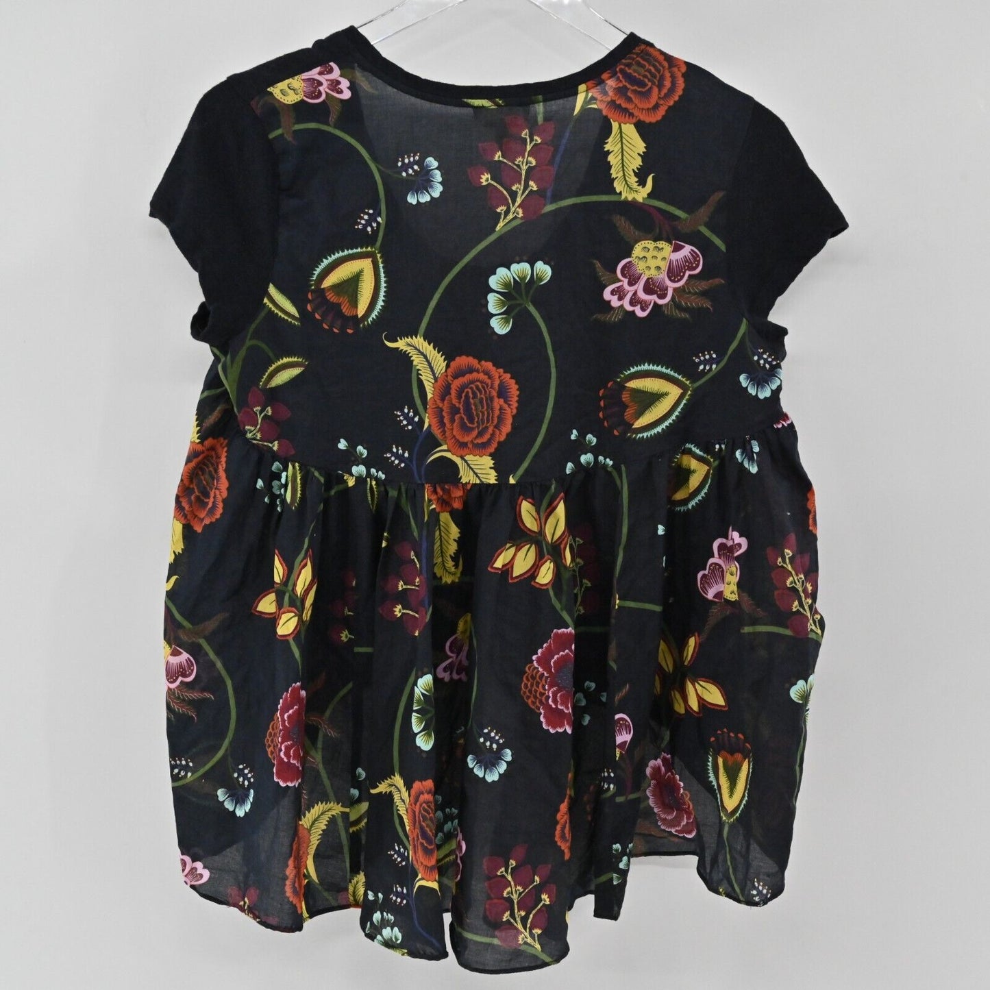 ANTHROPOLOGIE Top Womens Sz S Deletta Silver Fern Floral Navy High Low Peplum