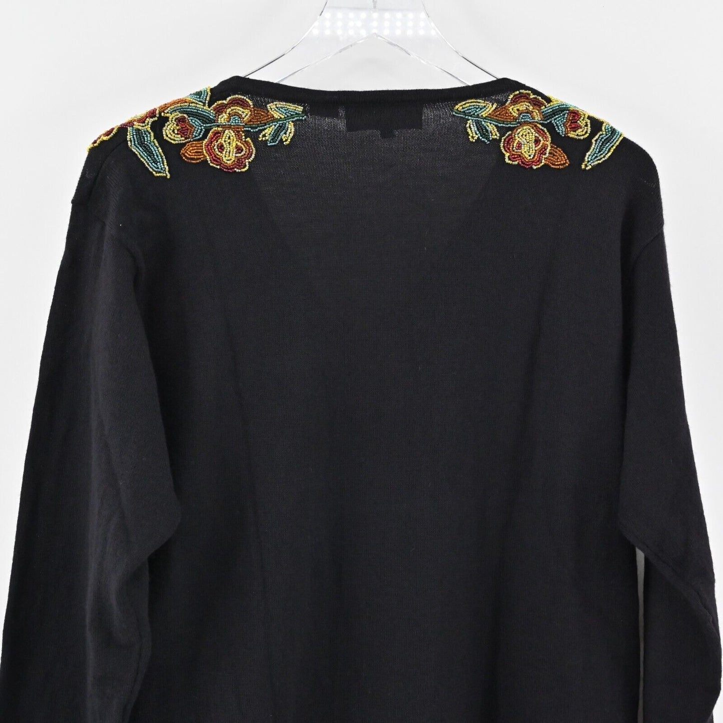 Vtg CAROLE LITTLE Sweater Womens Sz M Floral Beaded Black Wool Knit V Neck Retro