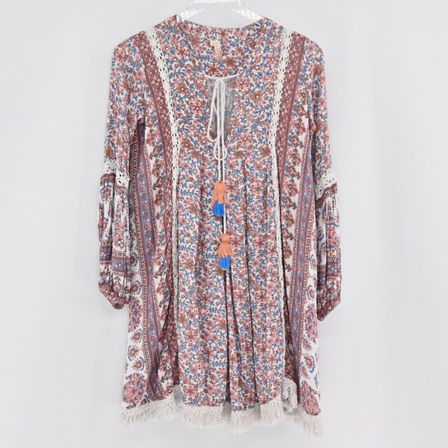 RAGA Dress Womens Size XS Samaira Mini Swing Floral Print Tassel Tie Fringe Trim