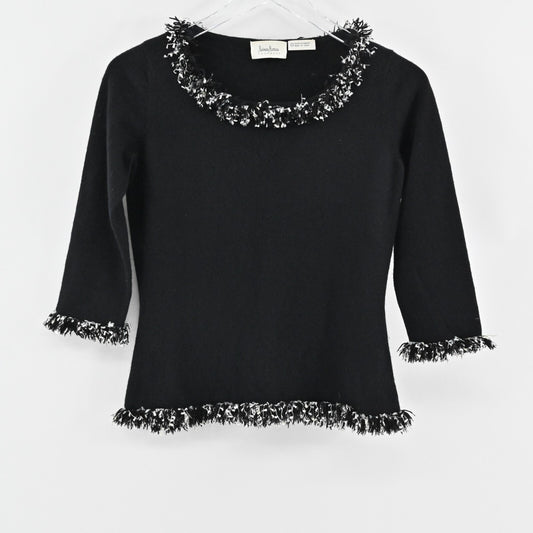 Vtg NEIMAN MARCUS Cashmere Sweater Womens Size S Knit Casual Black Fringe Trim