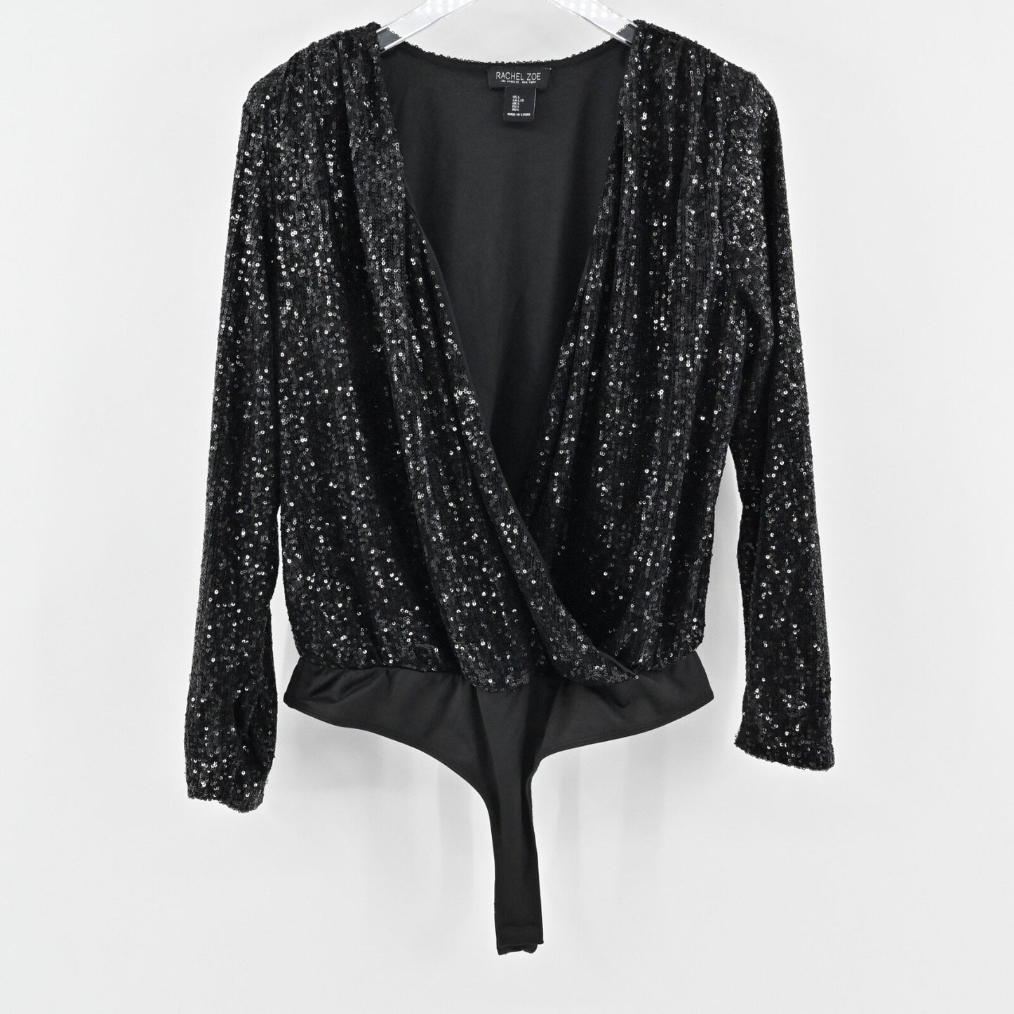 RACHEL ZOE Womens Sequin Bodysuit Size L Black V Neck Long Sleeve Glam Wrap Top