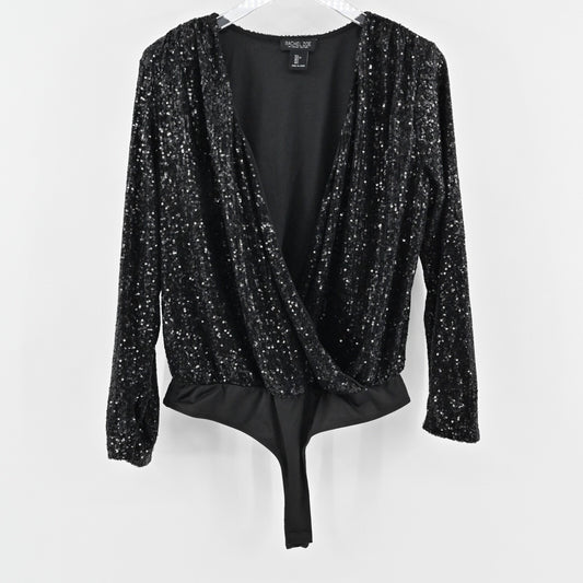 RACHEL ZOE Womens Sequin Bodysuit Size L Black V Neck Long Sleeve Glam Wrap Top