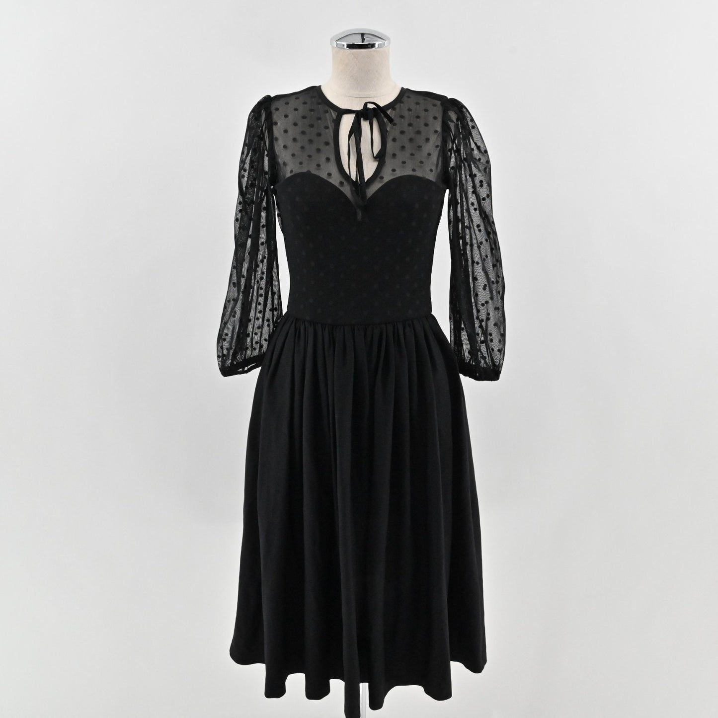 Vixen by Micheline Pitt 30s Frenchie Swing Dress Sz XS Black Sheer Bishop Sleeve