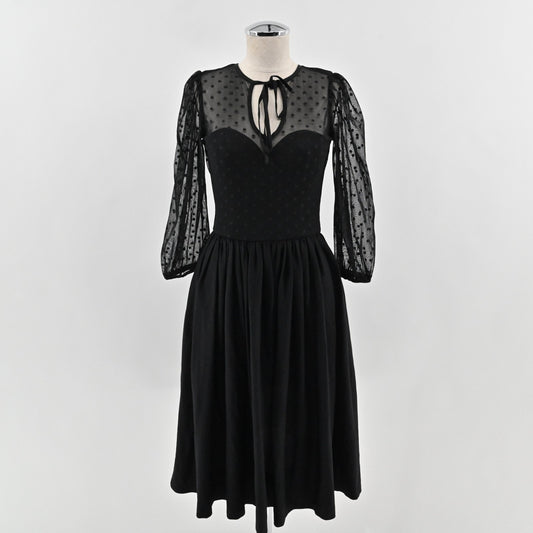 Vixen by Micheline Pitt 30s Frenchie Swing Dress Sz XS Black Sheer Bishop Sleeve