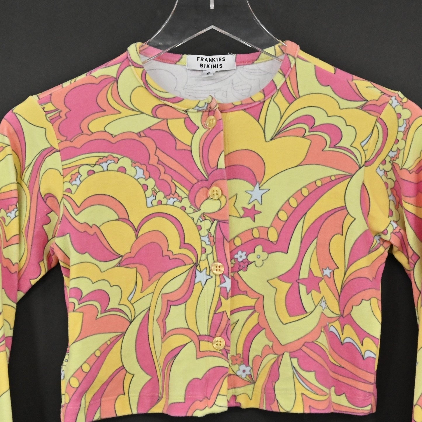 Frankies Bikinis Womens Cheri Terry Cardigan Size S Psychedelic Print Cropped