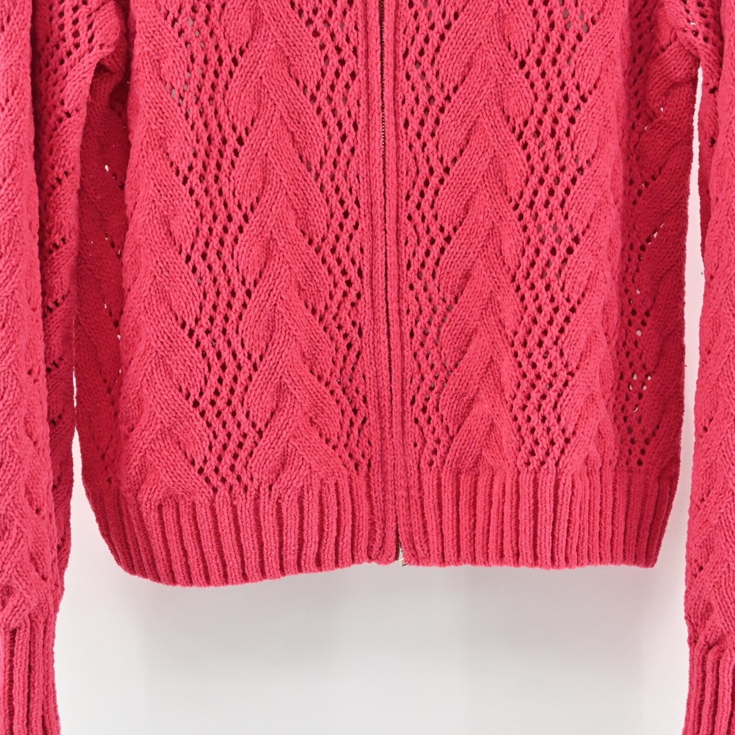 RICH FAMOUS Jacket Womens Size L Hot Pink Knit Sweater Full Zip Ruffle Collar