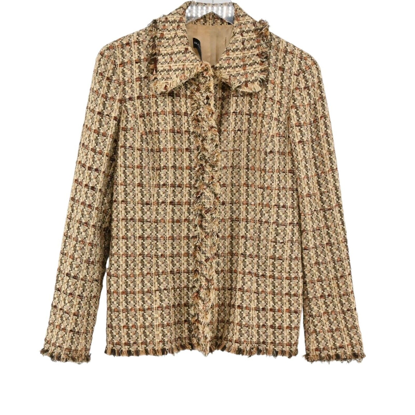 Vtg DANA BUCHMAN Jacket Womens Size 6 Brown Metallic Plaid Tweed Fringe Snap 00s