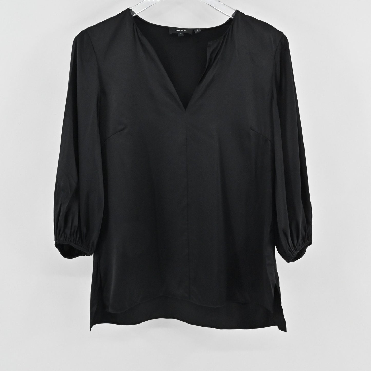 Theory Womens Stretch Satin Volume Sleeve Top Size S Black Silk Minimalist Glam