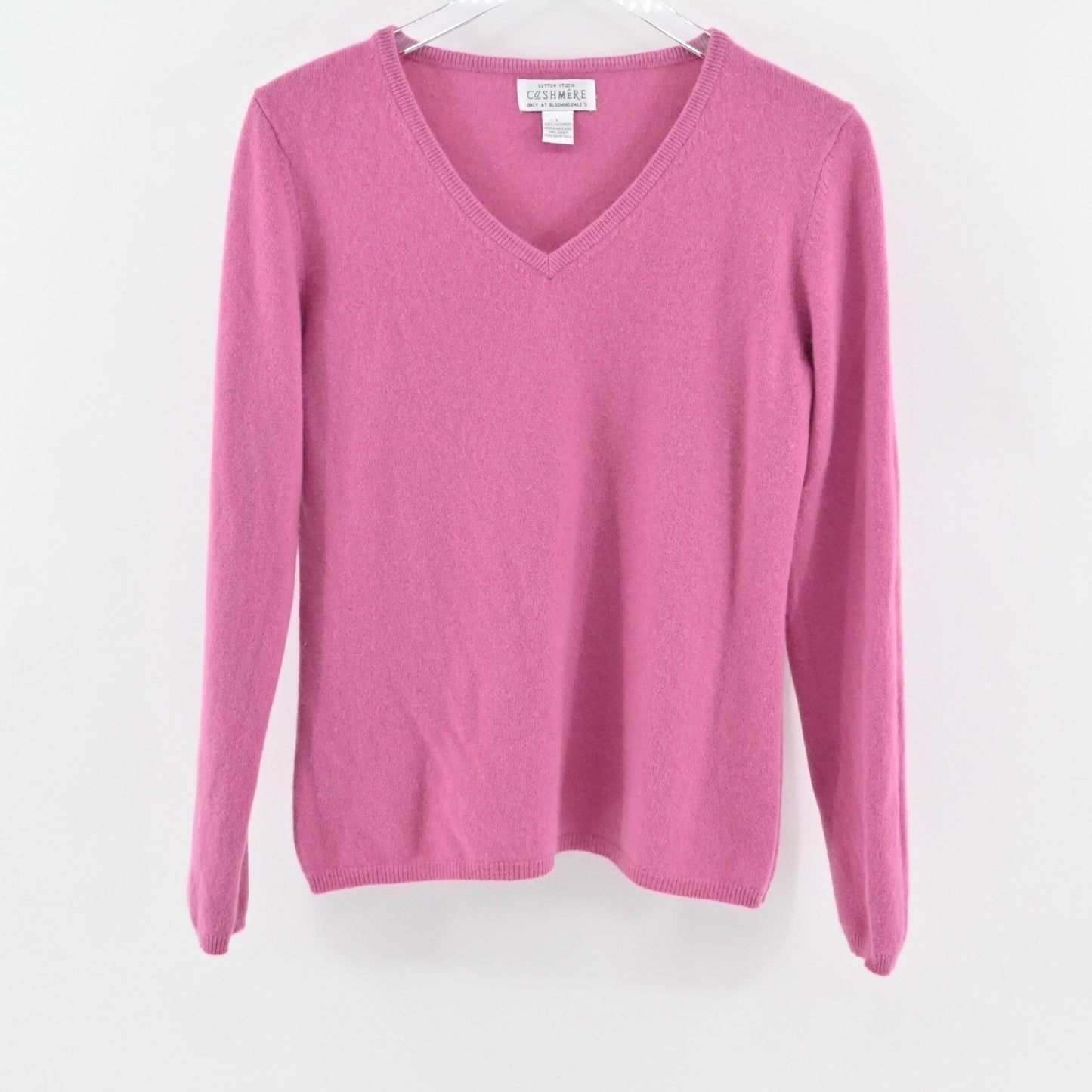 Vtg Womens Pink Cashmere Sweater Size L Knit Classic Preppy V Neck SUTTON STUDIO
