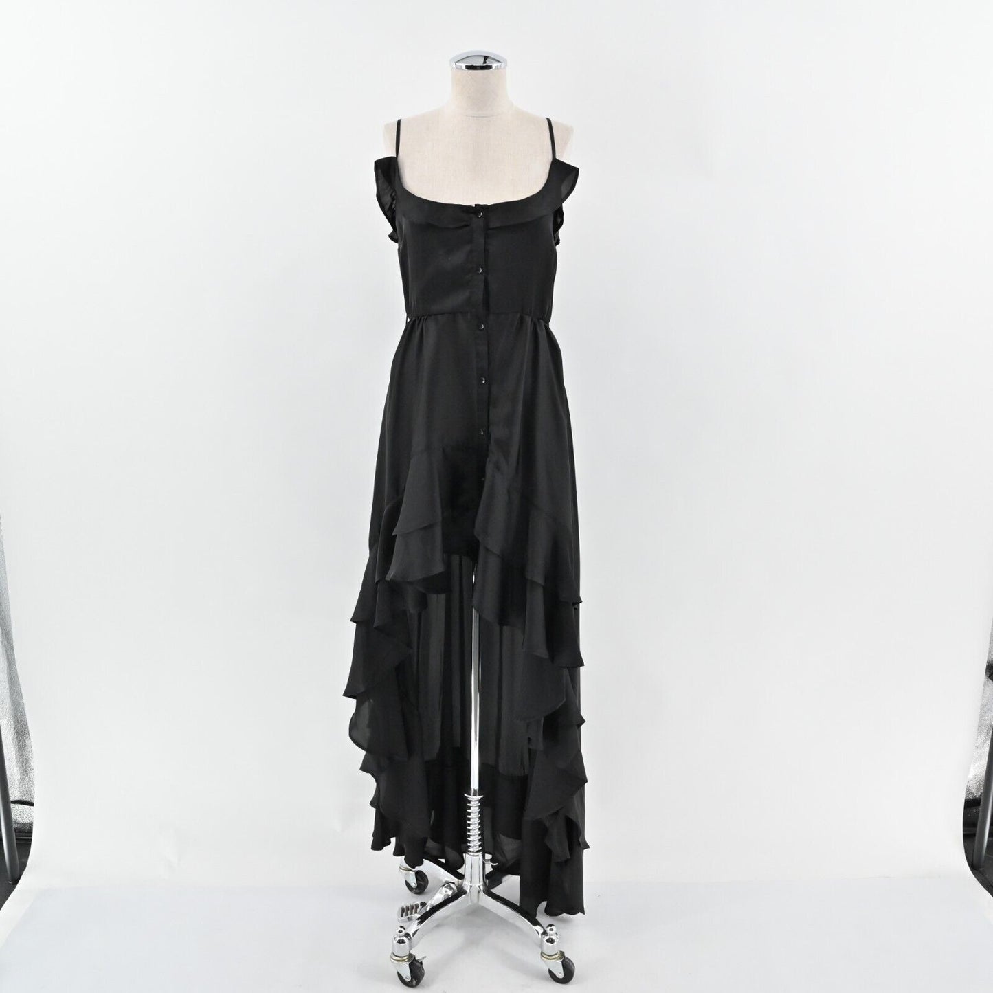 SUKI SO Dress Size S Solid Black Sleeveless Ruffle High Low Button Front Maxi