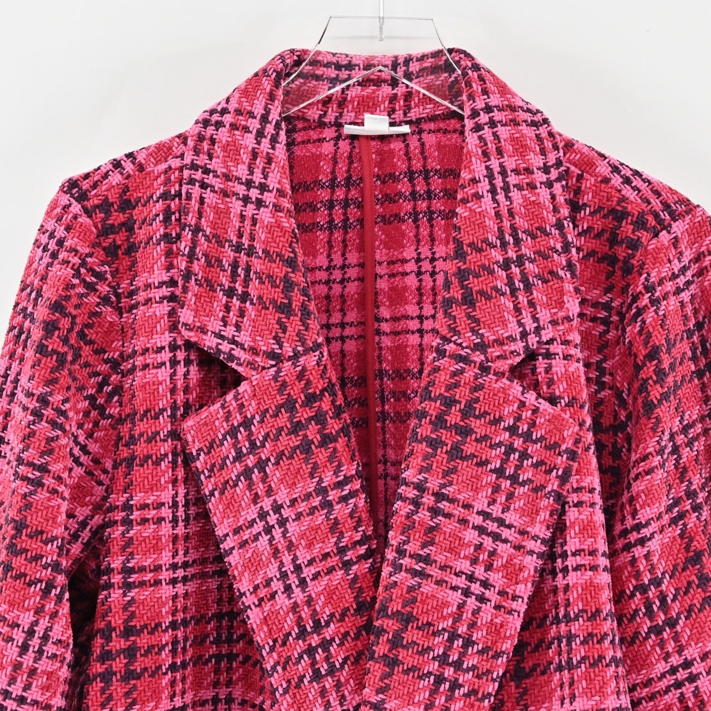 J JILL Blazer Jacket Womens Size L Chenille A Line Pink Plaid Open Front Swing