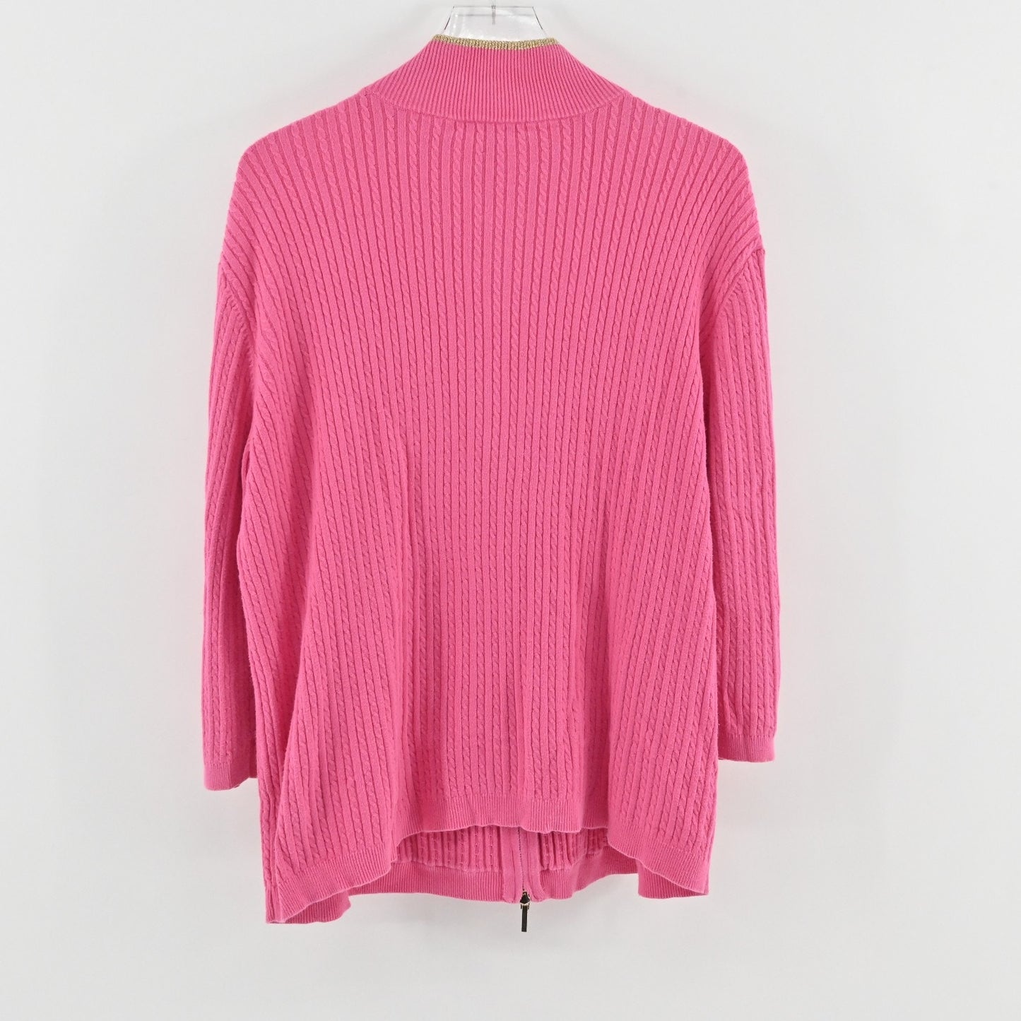 Ralph Lauren Womens Zip Cardigan Sweater Size L Pink Cable Knit Cotton Metallic