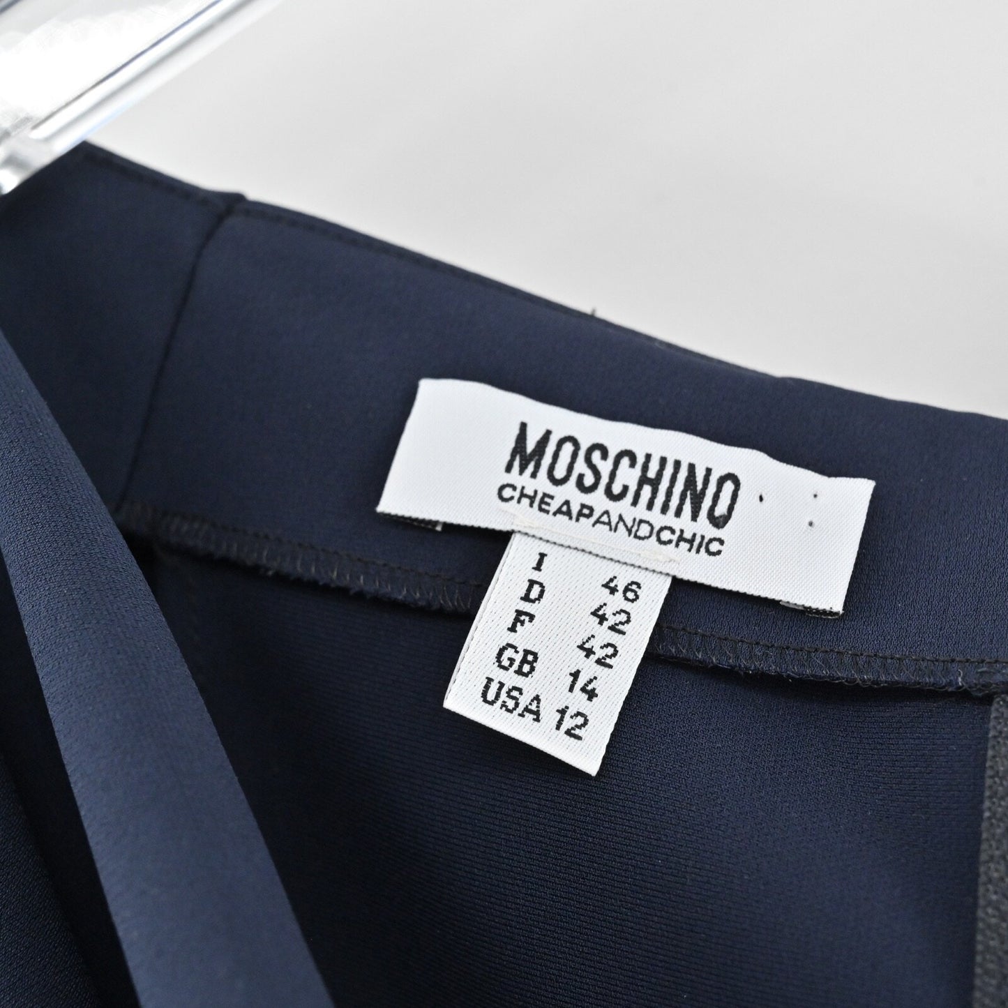 MOSCHINO Ruched Sheath Dress Size 12 Navy Boat Neck 3/4 Sleeve CHEAP AND CHIC