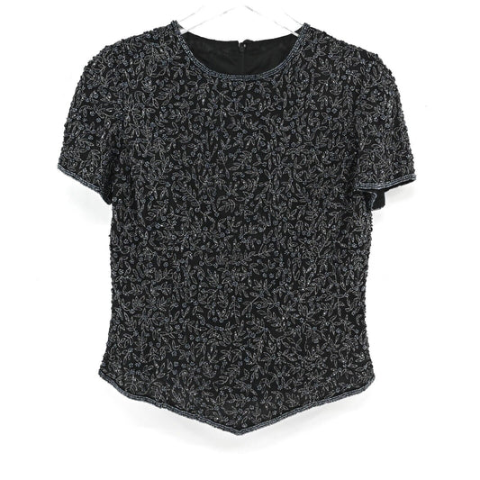 Vtg PAPELL BOUTIQUE EVENING Beaded Top Womens Size M Black Floral Silk Glam 80s