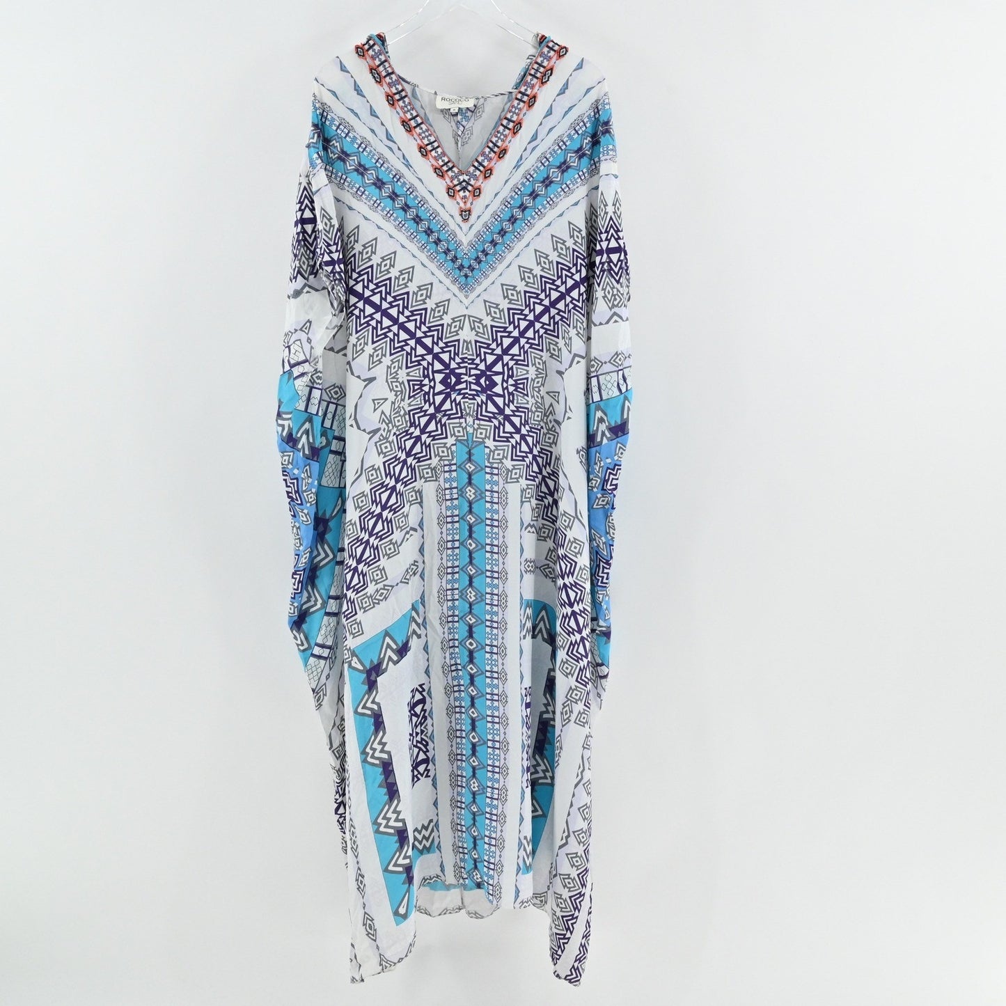 Rococo Sand Silk Kimono Maxi Dress Size M Beaded Hooded Blue Tribal Resortwear